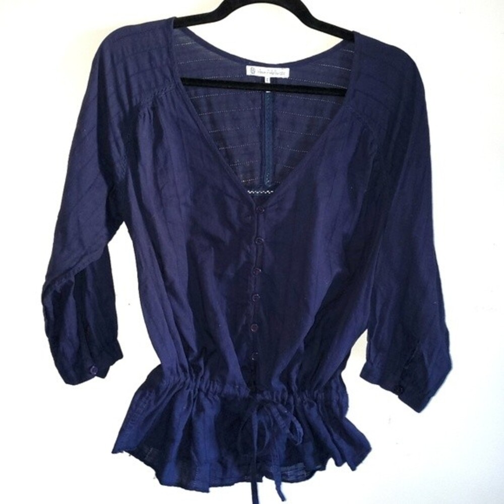House of Harlow 1960 Navy 3/4 Sleeve V-Neck Top Cinch Waist Blouse Medium